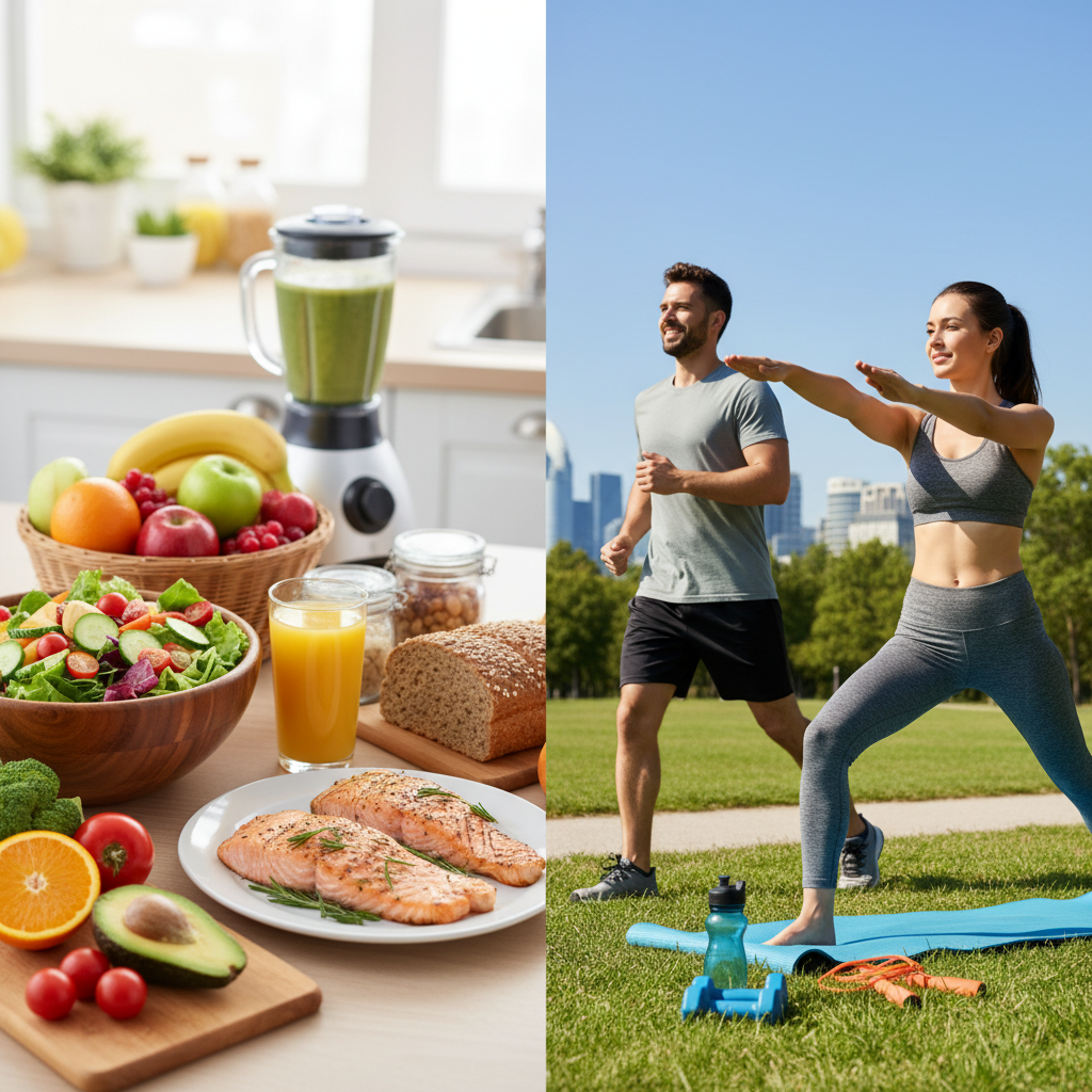 Hình ảnh về lối sống lành mạnh với thực phẩm tốt cho sức khỏe tim mạch và tập thể dục.