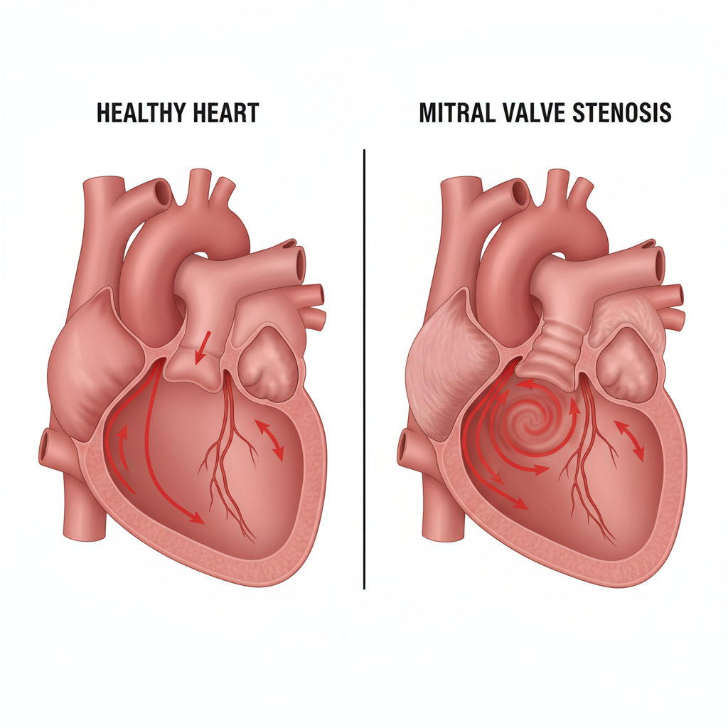 Minh họa trái tim khỏe mạnh và trái tim mắc bệnh hẹp van hai lá.