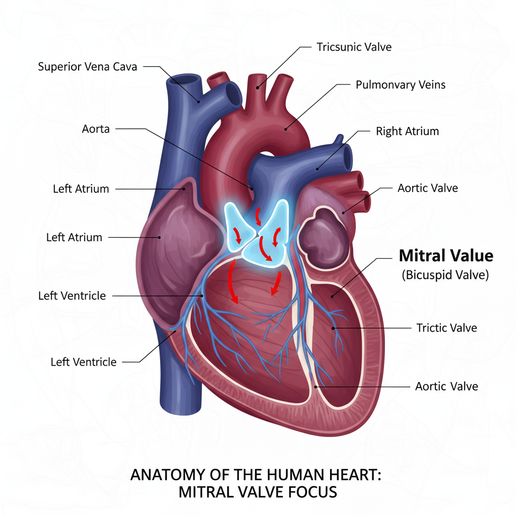 Sơ đồ cấu trúc bức tranh trái tim với điểm nhấn là van hai lá.