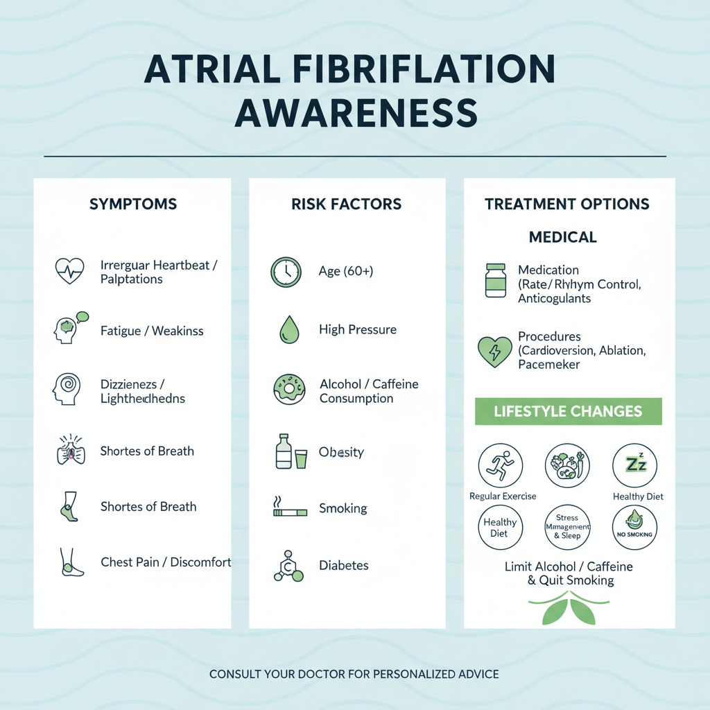 Hình ảnh infographic mô tả triệu chứng, yếu tố nguy cơ và phương pháp điều trị rung nhĩ.