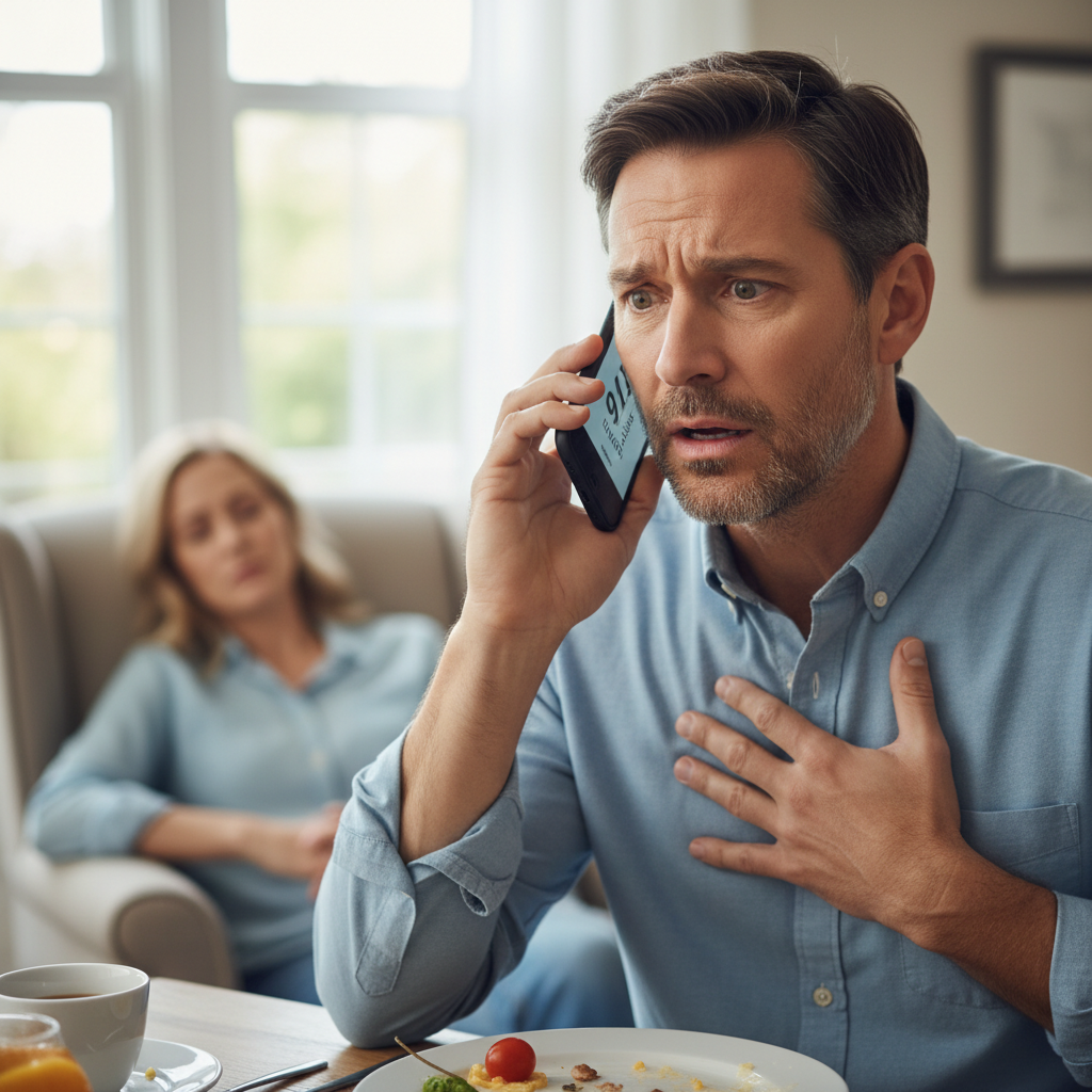 Hình ảnh một người đang gọi cấp cứu với vẻ mặt lo âu, thể hiện sự khẩn cấp với triệu chứng tai biến.
