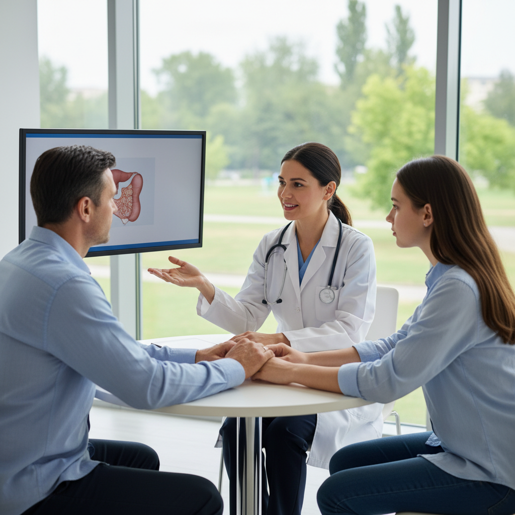 Một bác sĩ đang thảo luận về các phương pháp điều trị với bệnh nhân và gia đình tại phòng khám.