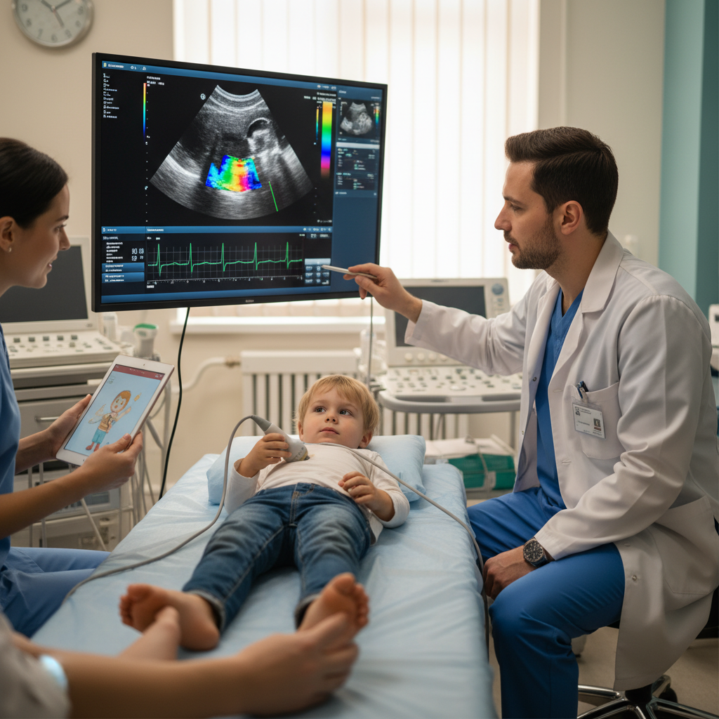 Một đứa trẻ đang được siêu âm tim tại phòng khám, bác sĩ đang xem kết quả.