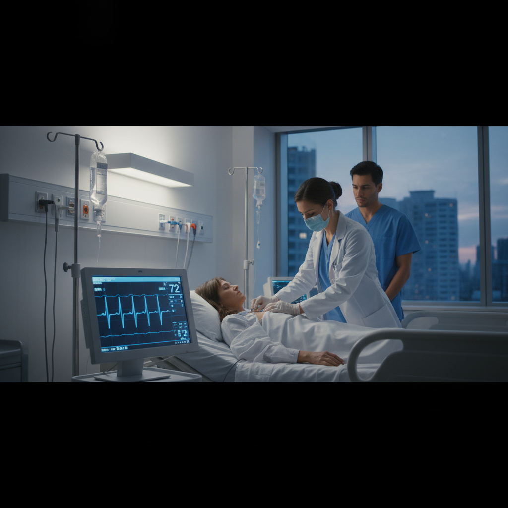 Màn hình trái tim hiển thị nhịp đập trong một bệnh viện hiện đại.