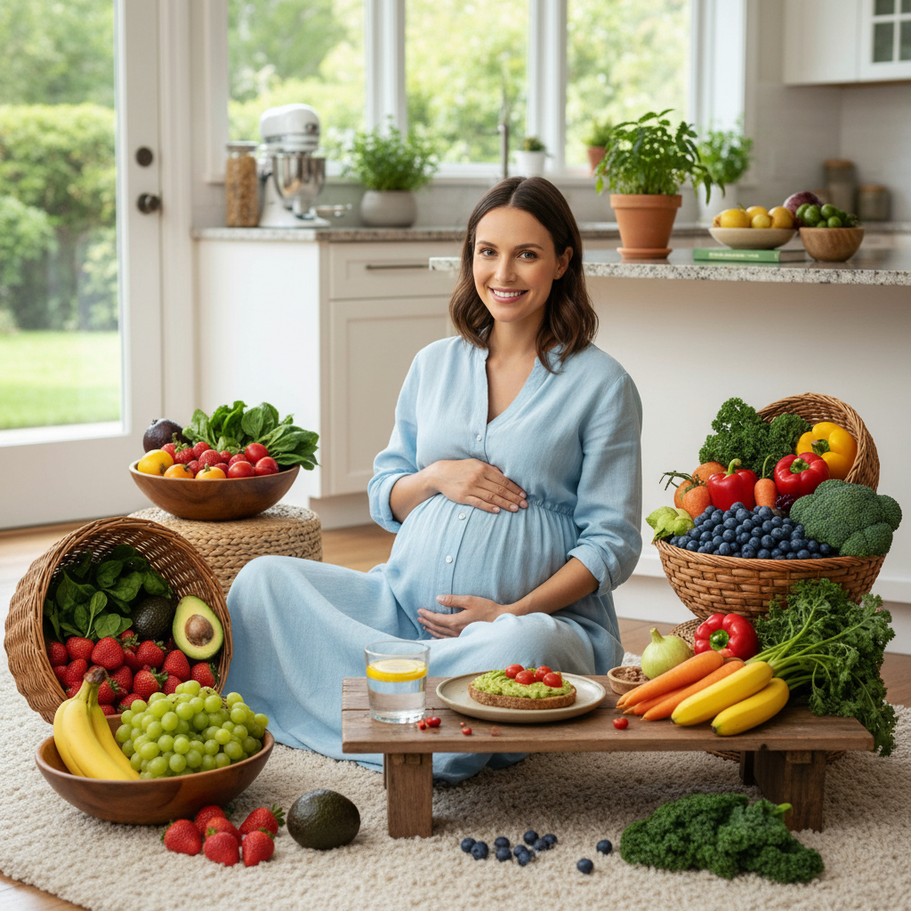 Người phụ nữ mang thai trong môi trường ăn uống lành mạnh với trái cây và rau củ