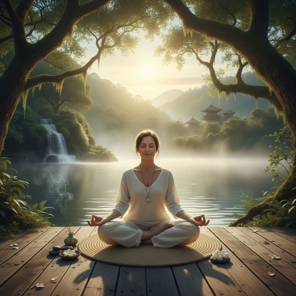 Người tập yoga ở môi trường yên tĩnh, nhấn mạnh sự thư giãn và giảm căng thẳng