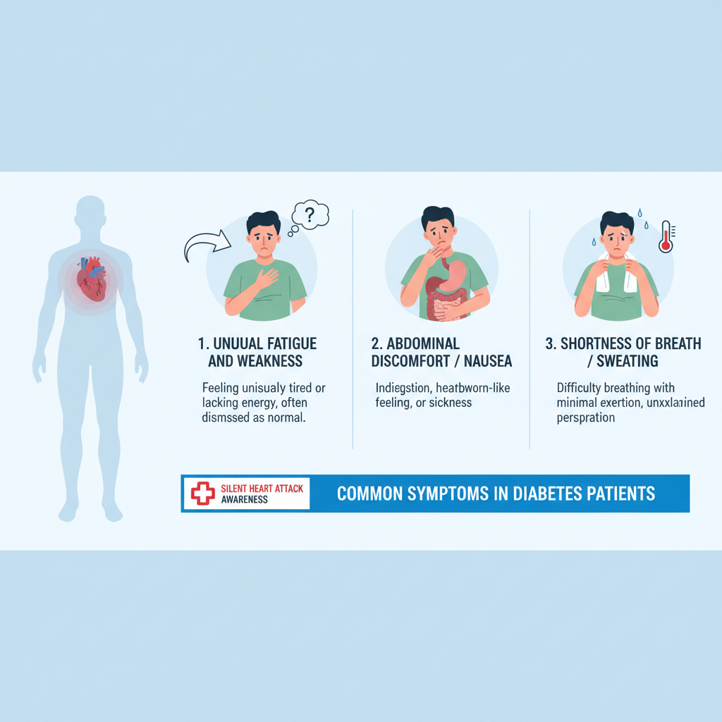 Các triệu chứng của cơn đau tim thầm lặng ở bệnh nhân tiểu đường.
