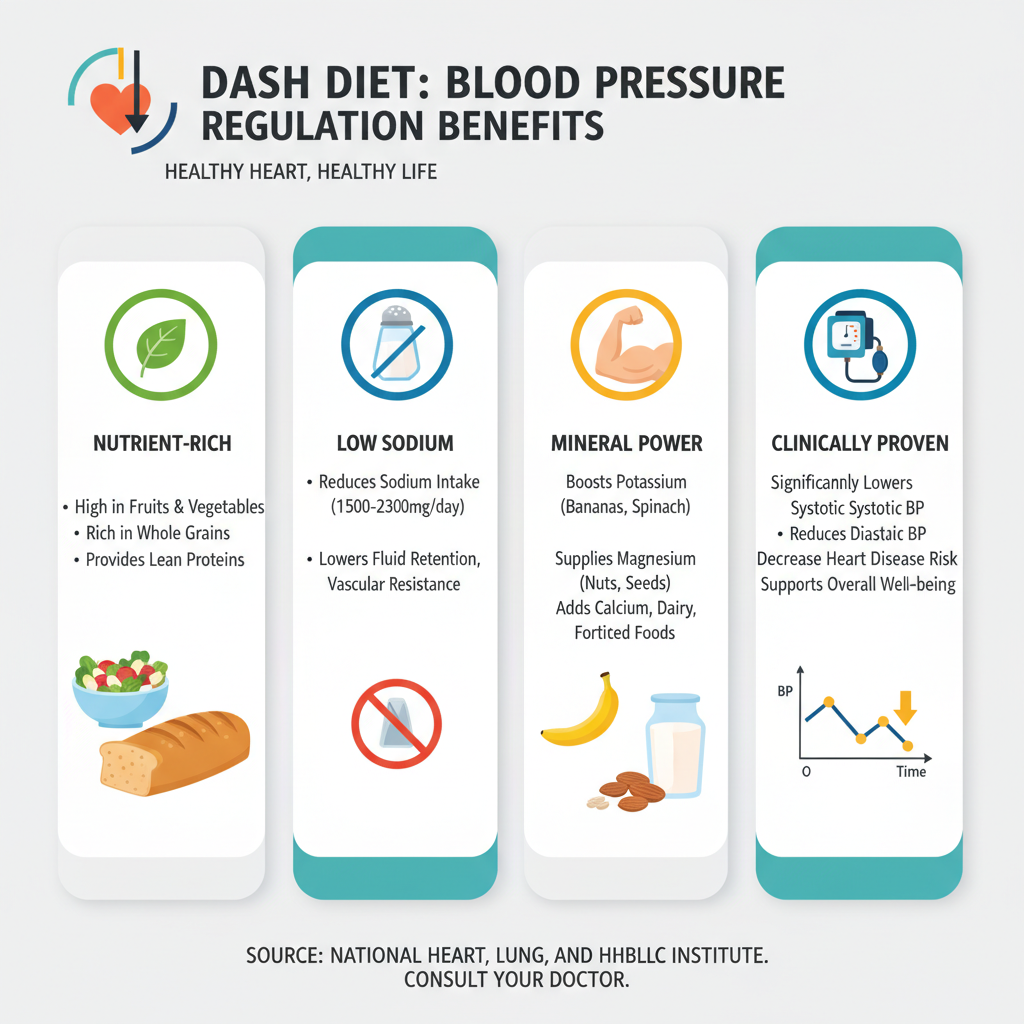Minh họa lợi ích của chế độ ăn DASH đối với việc điều hòa huyết áp.