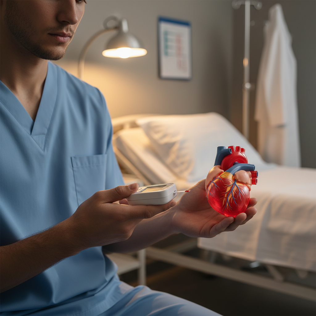 Người trẻ kiểm tra đường huyết và cầm mô hình trái tim — minh họa mối liên hệ giữa tiểu đường và tim mạch