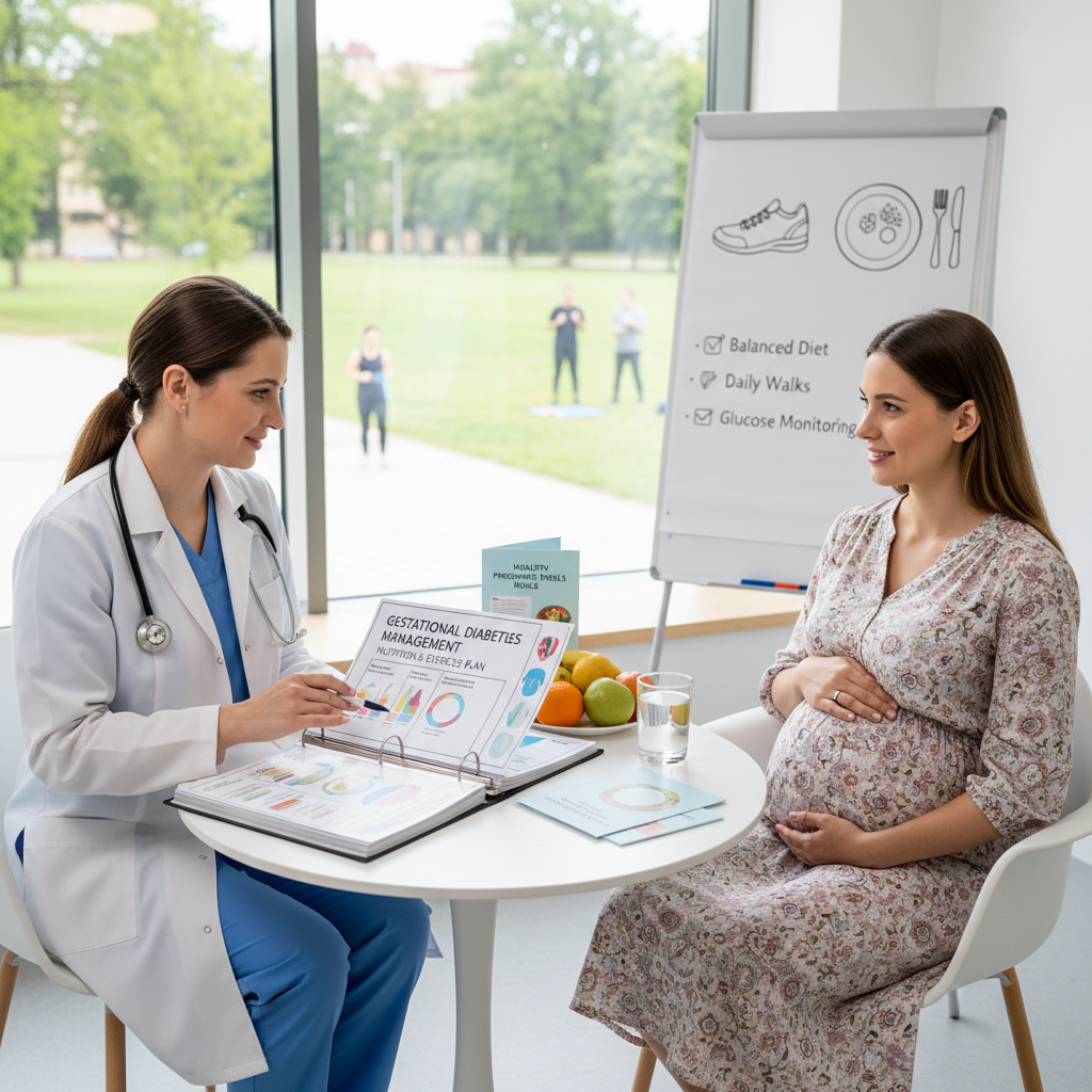 Bà bầu đang trao đổi với bác sĩ về việc quản lý đái tháo đường thai kỳ.