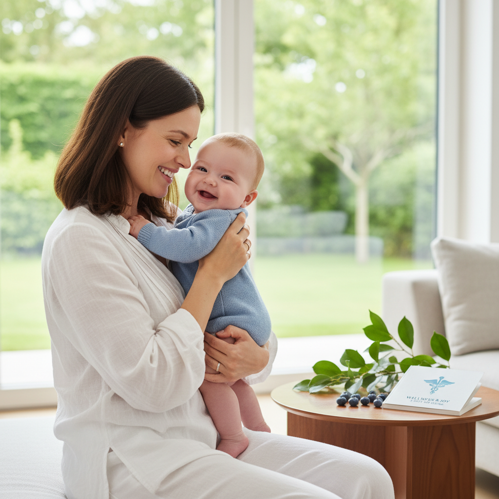 Người mẹ vui vẻ bế con, biểu tượng cho sức khỏe và hạnh phúc sau khi quản lý đái tháo đường thai kỳ.