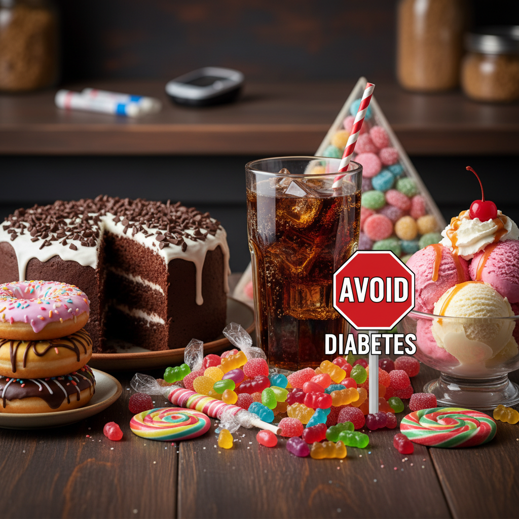 Hình ảnh các món ăn ngọt như soda, kẹo và bánh tráng miệng cần tránh.