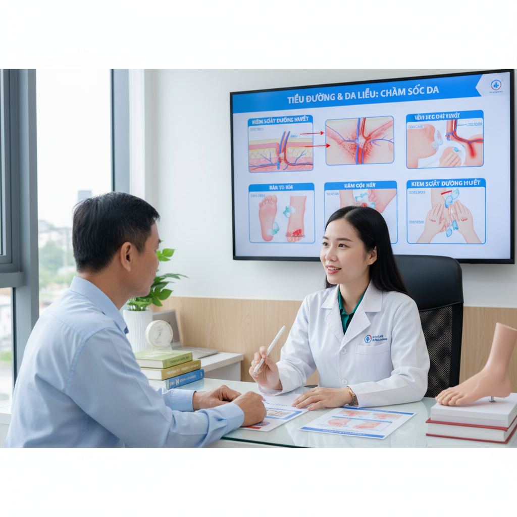 Bác sĩ người Việt giải thích về chăm sóc tiểu đường và sức khỏe da cho bệnh nhân bằng sơ đồ và hình ảnh.