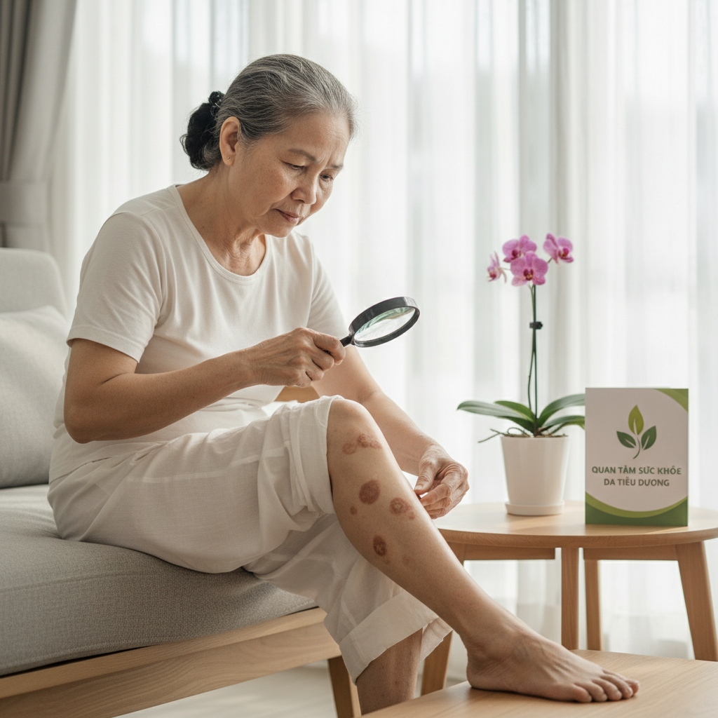 Người lớn tuổi kiểm tra chân để tìm dấu hiệu bệnh da tiểu đường trong môi trường sáng, khuyến khích chăm sóc sức khỏe.