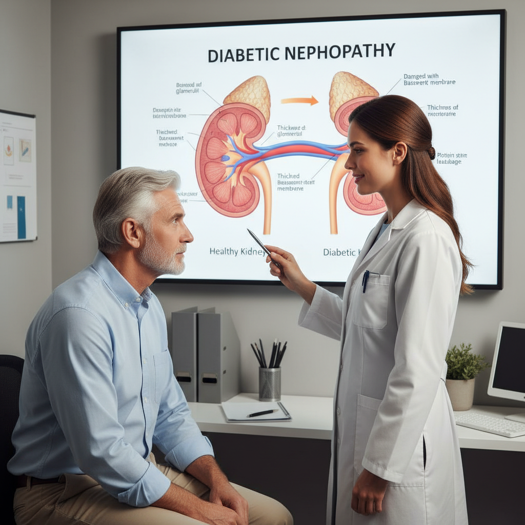 bác sĩ giải thích sơ đồ bệnh thận cho bệnh nhân mắc tiểu đường
