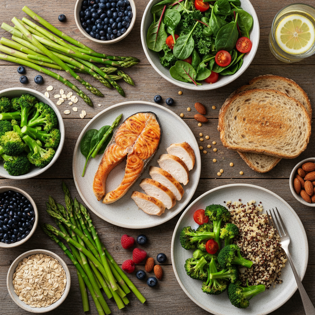 Thực phẩm dinh dưỡng cho tiểu đường thai kỳ như rau củ, protein nạc và ngũ cốc nguyên hạt