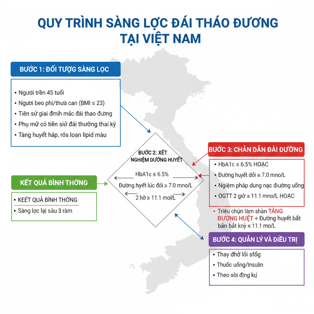 Biểu đồ quy trình xét nghiệm tầm soát bệnh tiểu đường tại Việt Nam