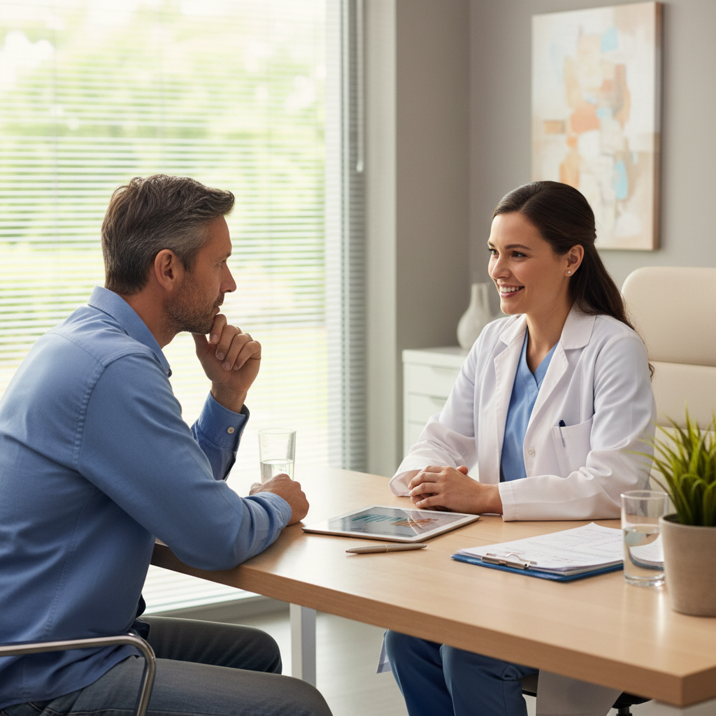 Cảnh bác sĩ thảo luận với bệnh nhân về tầm quan trọng của việc kiểm tra sức khỏe định kỳ.