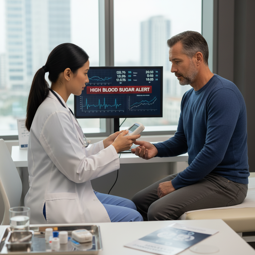 Bác sĩ đang kiểm tra triệu chứng tiểu đường cho bệnh nhân