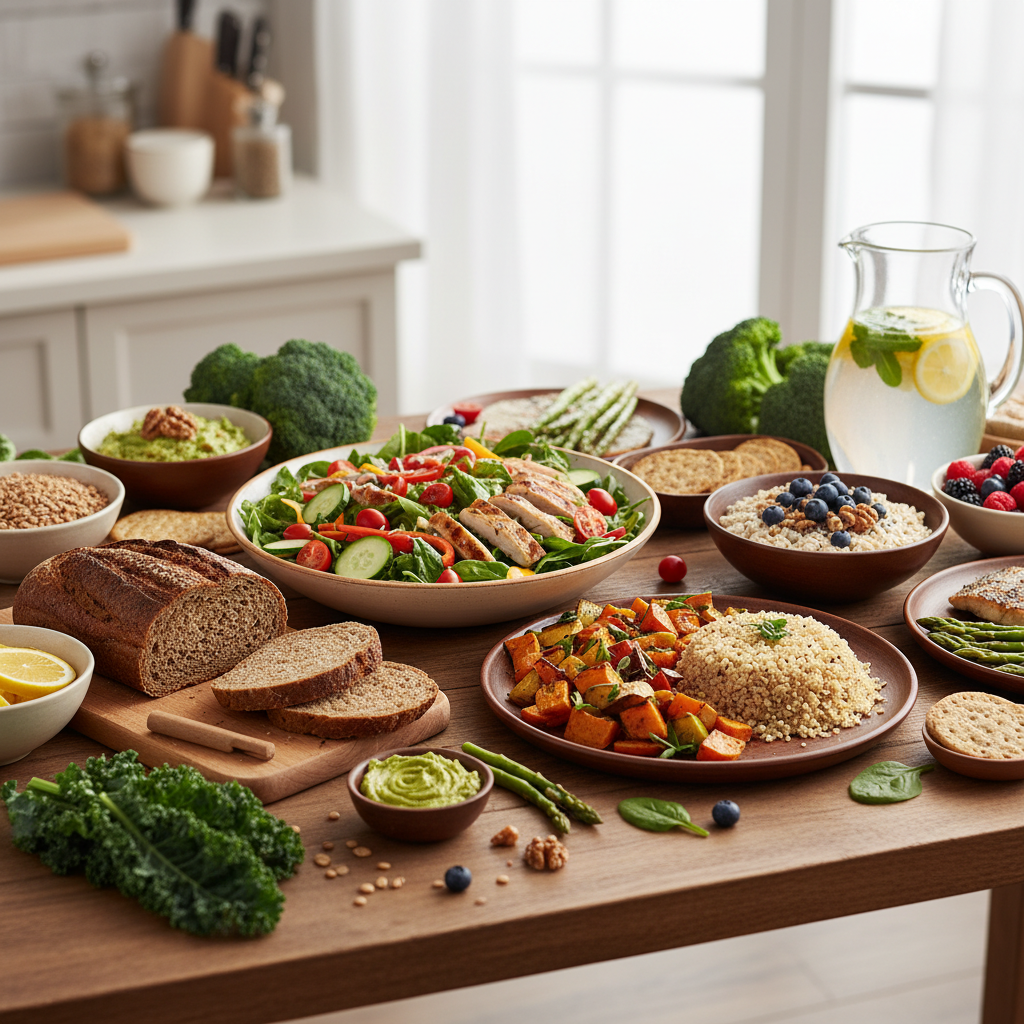 Thực phẩm lành mạnh dành cho bệnh nhân tiểu đường, bao gồm rau và ngũ cốc nguyên hạt