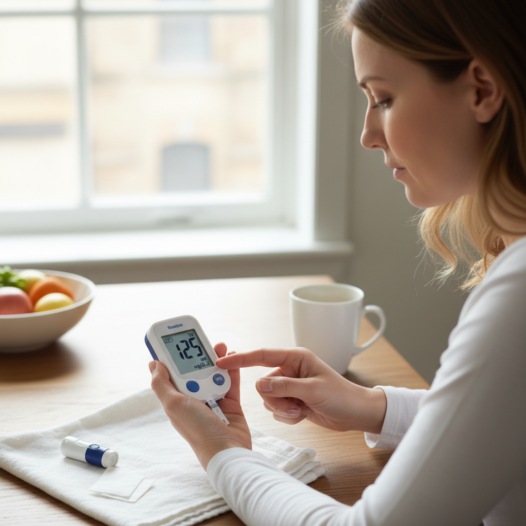 Một bệnh nhân tiểu đường kiểm tra đường huyết của họ bằng máy đo đường huyết.