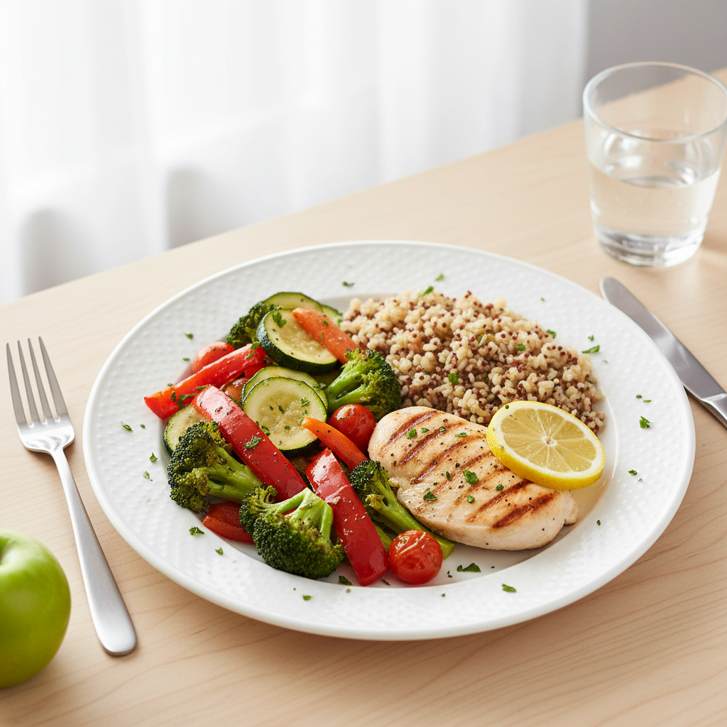 Một đĩa ăn cân bằng lành mạnh dành cho bệnh nhân tiểu đường, gồm rau củ, protein nạc và ngũ cốc nguyên hạt.