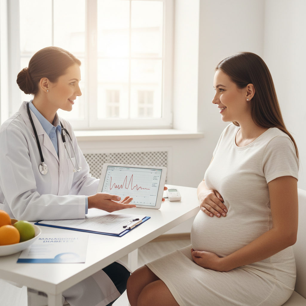 Bà bầu thảo luận với bác sĩ về tình trạng đái tháo đường thai kỳ và chỉ số đường huyết.