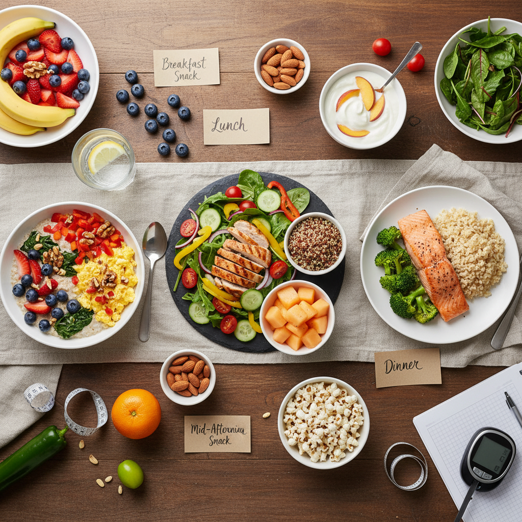 Kế hoạch ăn uống lành mạnh cho bà bầu quản lý đái tháo đường thai kỳ với trái cây và rau củ.