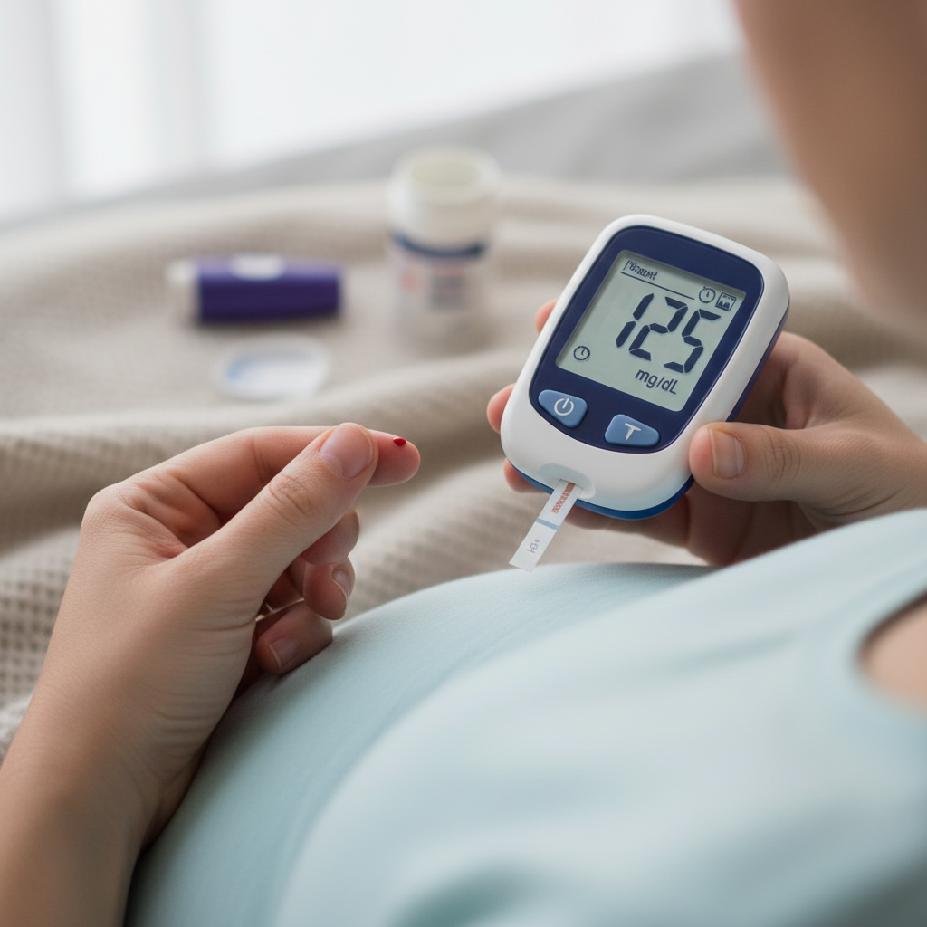 Cận cảnh tay đo đường huyết bằng máy đo glucose trong thai kỳ.