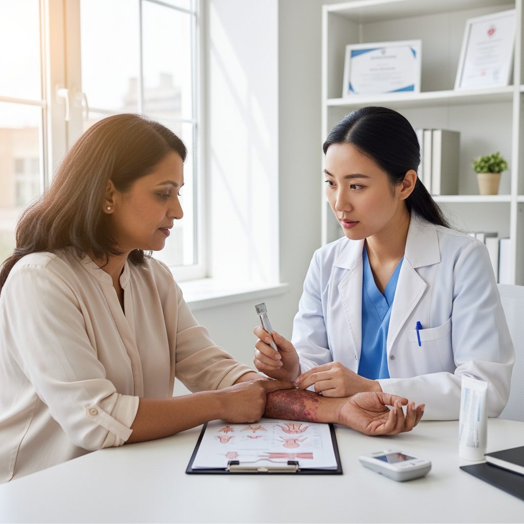 Một bệnh nhân đang tư vấn với bác sĩ về quản lý bệnh đái tháo đường, tập trung vào vấn đề da.