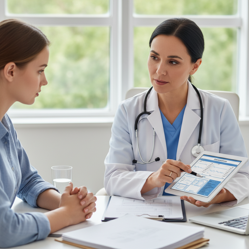 Một bác sĩ đang tư vấn cho một phụ nữ về điều trị bệnh tiểu đường, với biểu đồ y tế và ống nghe.