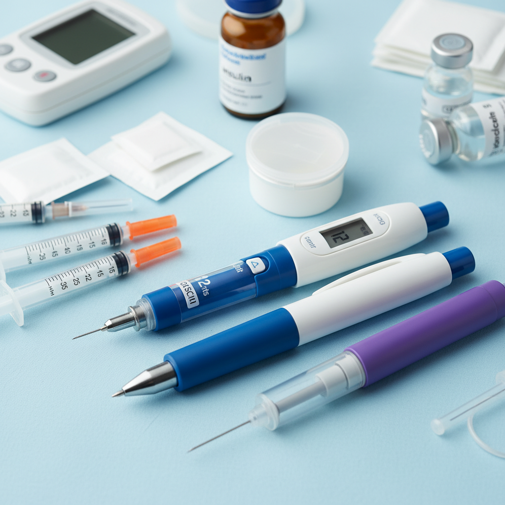 Cận cảnh các bút tiêm insulin và ống tiêm dùng trong điều trị tiểu đường.