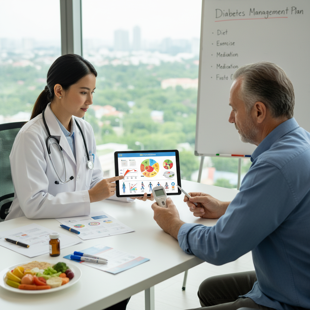 Bác sĩ làm việc với bệnh nhân về quản lý bệnh tiểu đường.