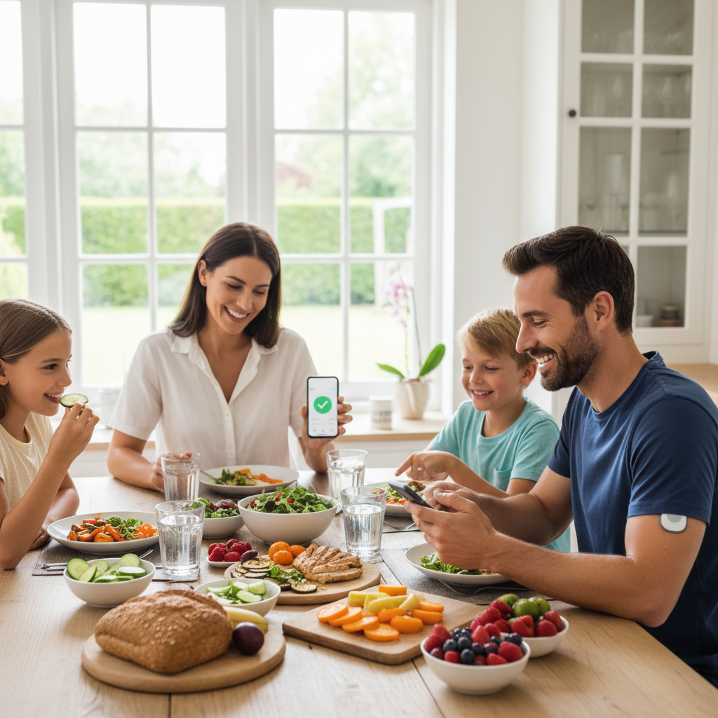 Gia đình vui vẻ ngồi ăn các bữa ăn lành mạnh và kiểm tra đường huyết.