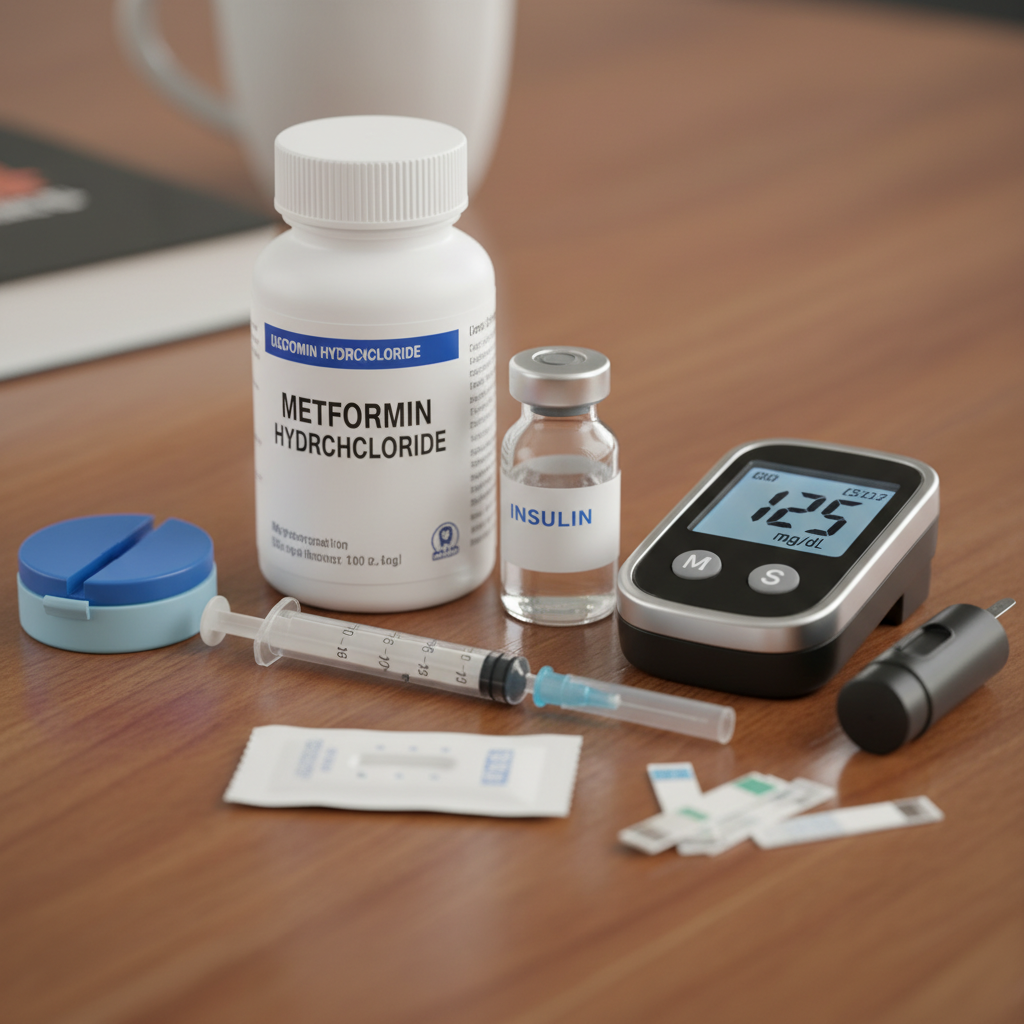 Cận cảnh thuốc điều trị bệnh đái tháo đường và máy đo glucose trên bàn.