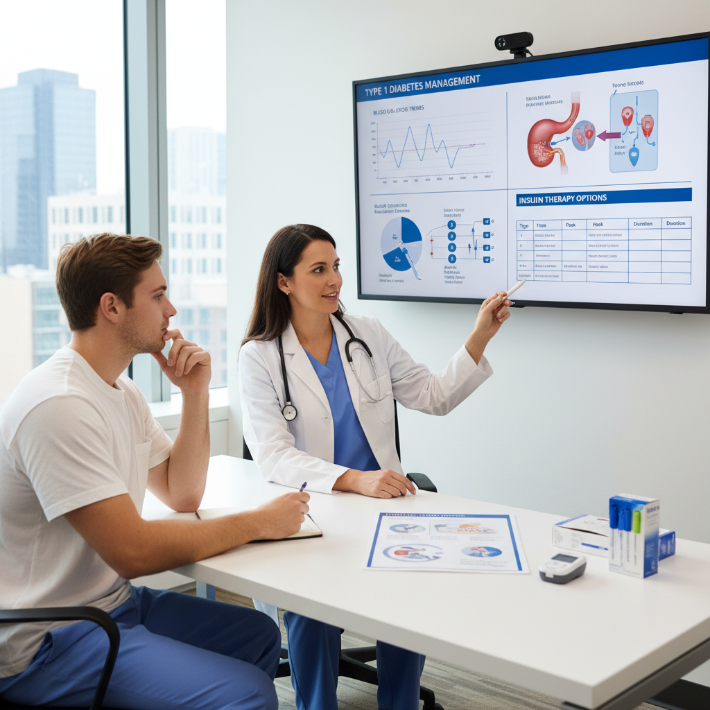 Bác sĩ giải thích về việc chăm sóc đái tháo đường típ 1 cho bệnh nhân, với các biểu đồ và thông tin về insulin.