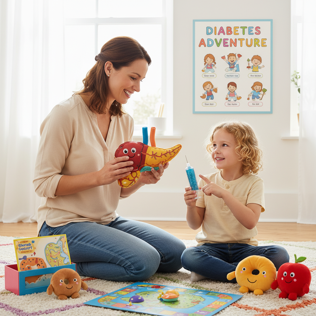 Một bậc phụ huynh dạy trẻ về quản lý bệnh tiểu đường qua các hoạt động thú vị.