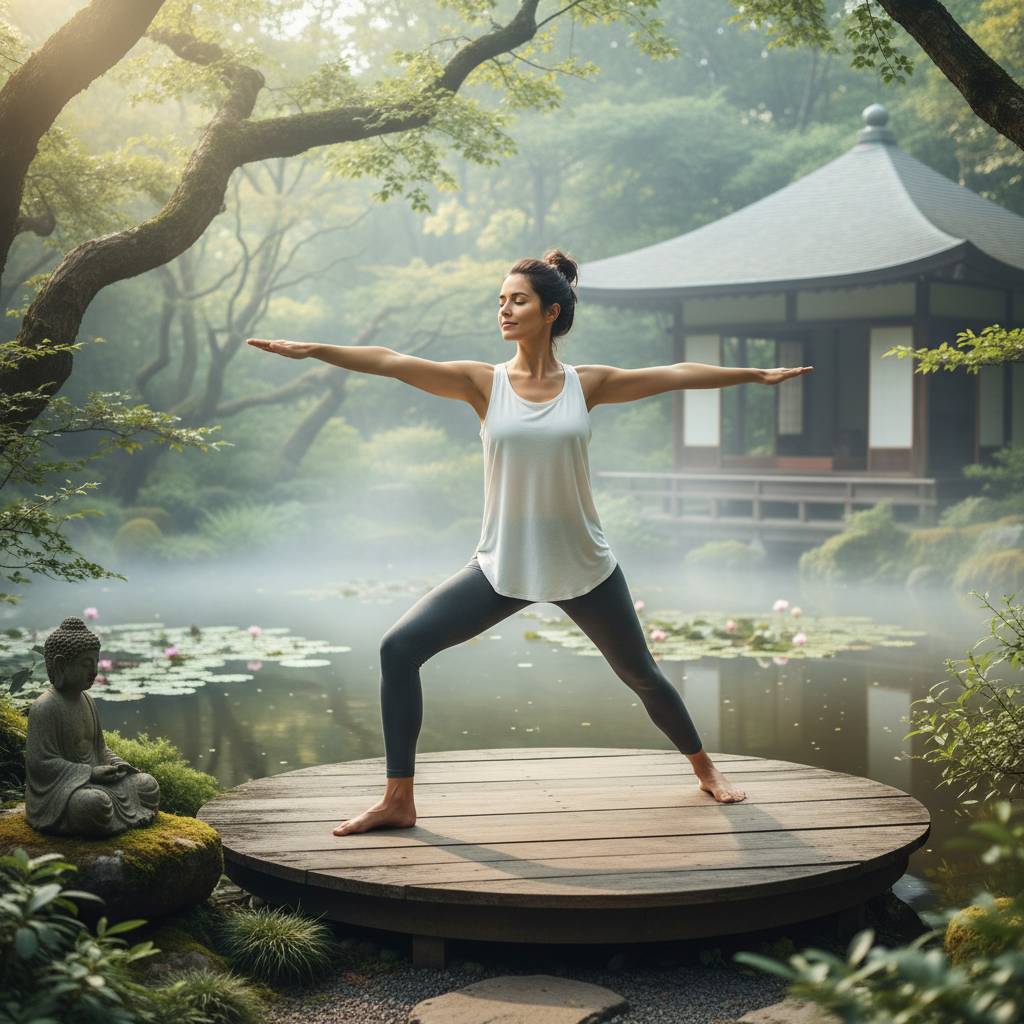 Một người đang tập yoga giữa khung cảnh yên bình, thể hiện lối sống lành mạnh.