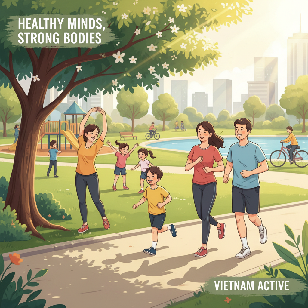 Hình ảnh minh họa nhóm người Việt Nam tập thể dục tại công viên để phòng ngừa tiểu đường tuýp 2