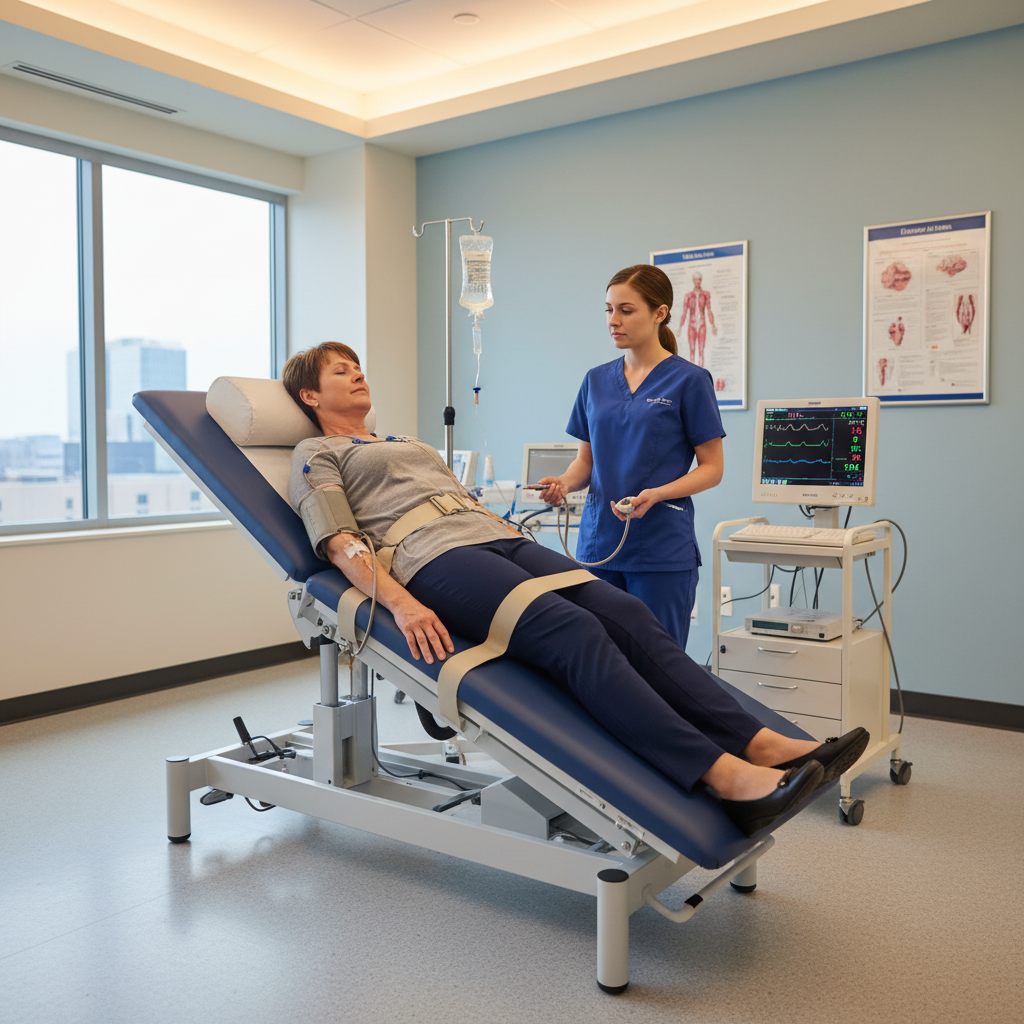 Một bệnh nhân đang thực hiện nghiệm pháp bàn nghiêng trong phòng khám