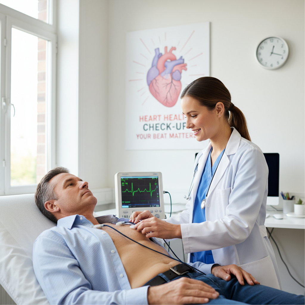 Bác sĩ đang thực hiện kiểm tra ECG cho bệnh nhân, minh họa tầm quan trọng của kiểm tra sức khỏe tim mạch.