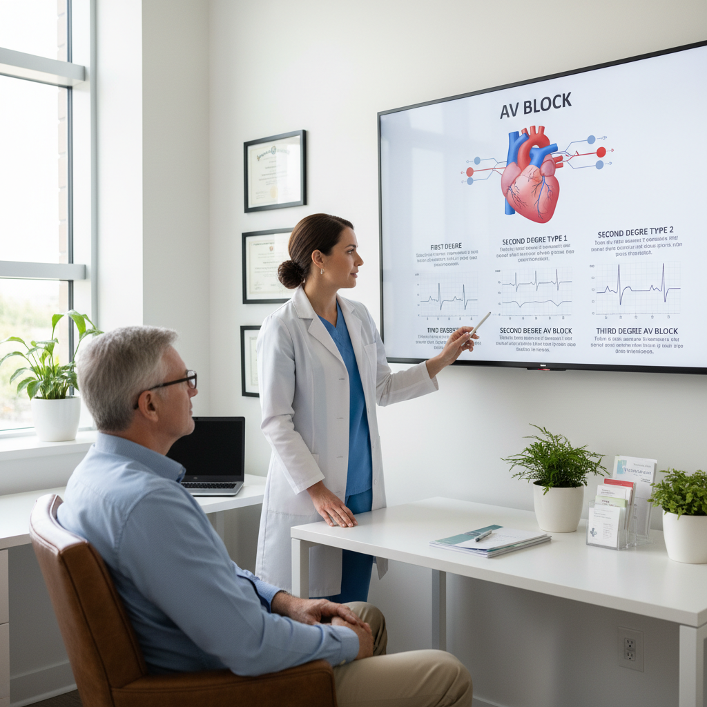 Bác sĩ giải thích về Block Nhĩ Thất cho bệnh nhân trong phòng khám.