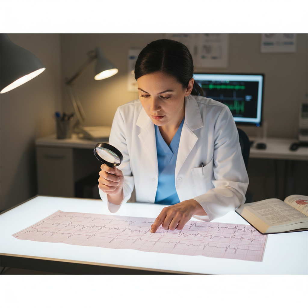 Hồ sơ ECG biểu thị dấu hiệu block nhánh phải đang được bác sĩ đánh giá.
