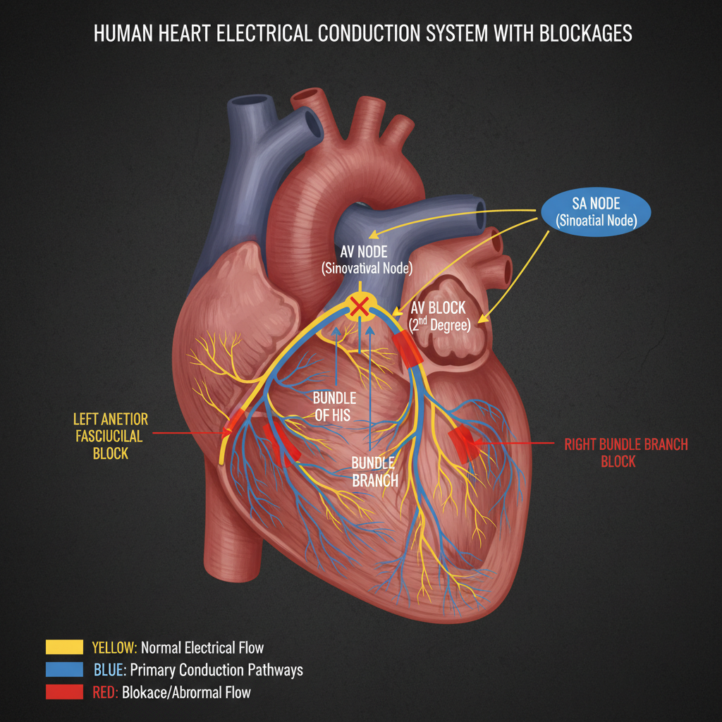Minh họa hệ thống dẫn truyền điện trong tim với các thông số block nhánh phải.