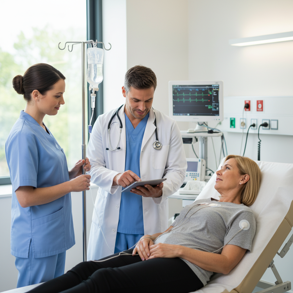Một bệnh nhân đang được khám và điều trị liên quan đến máy tạo nhịp tim.