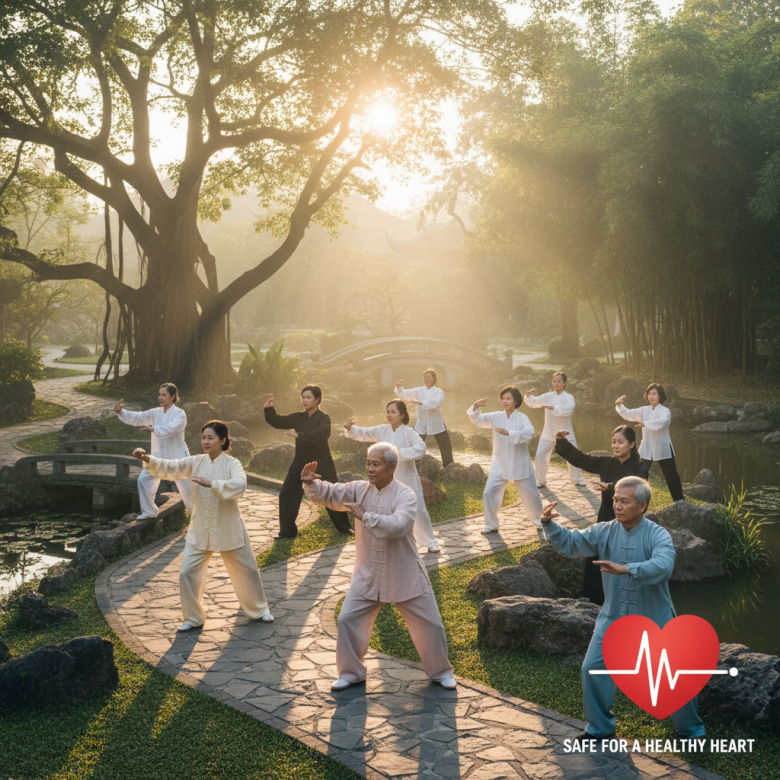 Hình minh họa người cao tuổi tập dưỡng sinh hoặc thái cực quyền ngoài trời, động tác chậm rãi, thư thái, biểu tượng cho sự an toàn tim mạch.