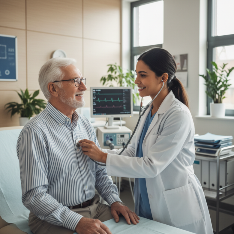 Bác sĩ tim mạch đang dùng ống nghe khám cho bệnh nhân cao tuổi, không gian phòng khám thân thiện, chuyên nghiệp.