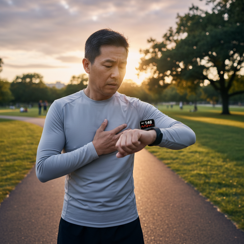 Người đàn ông trung niên mặc đồ thể thao đang dừng chạy bộ, tay đặt lên ngực trái với vẻ mặt lo lắng, kiểm tra đồng hồ thông minh đo nhịp tim trong công viên buổi chiều.
