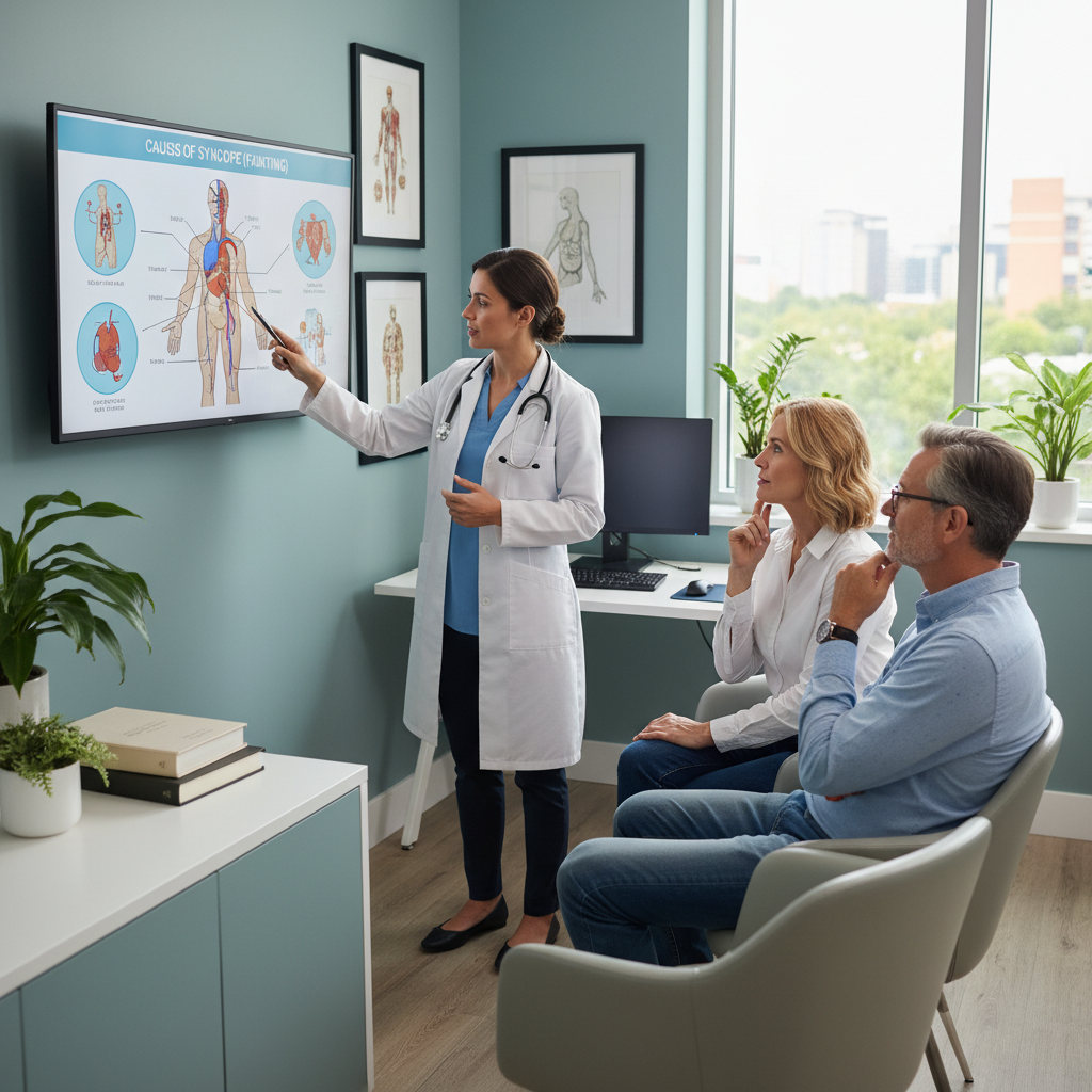 Hình ảnh bác sĩ thảo luận về nguyên nhân gây ngất với bệnh nhân tại phòng khám.