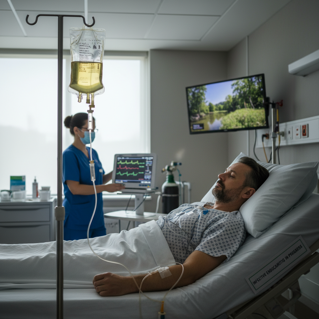 Bệnh nhân nhận kháng sinh truyền tĩnh mạch để điều trị viêm nội tâm mạc.